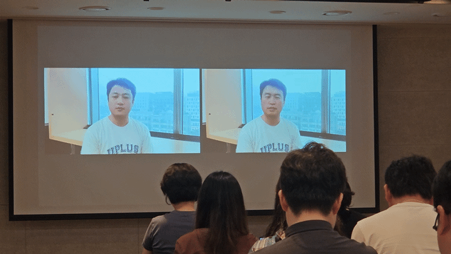 [서울=뉴시스] 박은비 기자 = 한영섭 LG유플러스 AX기술그룹 AI테크랩(Lab)장(담당)이 26일 오전 LG서울역빌딩에서 열린 AI 보안기술 설명회에서 소개한 딥페이크 영상. 2025.06.26. silverline@newsis.com *재판매 및 DB 금지 *재판매 및 DB 금지