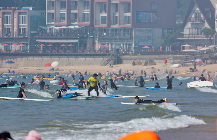 [태안=뉴시스] 지난해 8월 태안 만리포해수욕장을 찾은 피서객이 더위를 식히는 서핑을 즐기고 있다. (사진=태안군 제공) 2025.06.26. photo@newsis.com *재판매 및 DB 금지