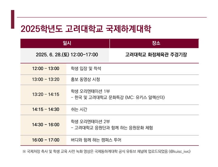 2025 '국제하계대학' 입학식(오리엔테이션) 일정표. (사진=고려대 제공) *재판매 및 DB 금지