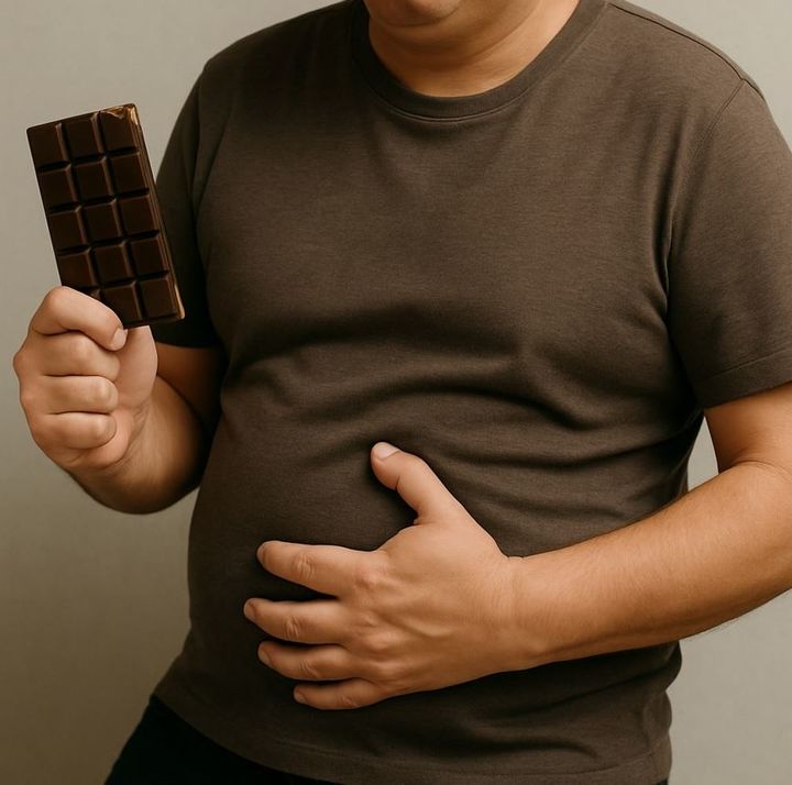 [서울=뉴시스] 초콜릿을 먹고 배탈 난 사람의 이미지.(사진=챗 지피티 생성) *재판매 및 DB 금지