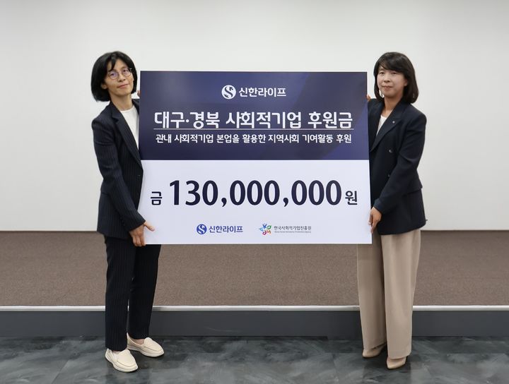 [서울=뉴시스] 지난 26일 대구 중구 대구스테이션센터에서 열린 대구·경북 사회적기업 후원금 전달식에서 정재민 한국사회적기업진흥원 동남권총괄본부장(왼쪽), 김민지 신한라이프 지속성장본부장(오른쪽)이 기념 촬영을 하고 있다. (사진=신한라이프 제공) 2025.06.27. photo@newsis.com&nbsp; *재판매 및 DB 금지