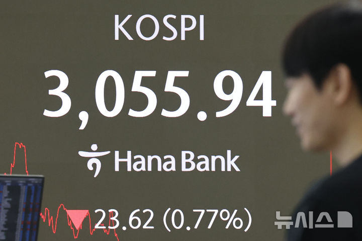[서울=뉴시스] 권창회 기자 = 27일 오후 서울 중구 하나은행 딜링룸에서 딜러들이 업무를 보고 있다코스피가 전 거래일보다 23.62포인트(0.77%) 내린 3055.94에 마감했다. 코스닥 지수는 전 거래일보다 6.39포인트(0.81%) 하락한 781.56, 원·달러 환율은 전 거래일보다 0.5원 오른 1357.4원에 마감했다. 2025.06.27. kch0523@newsis.com