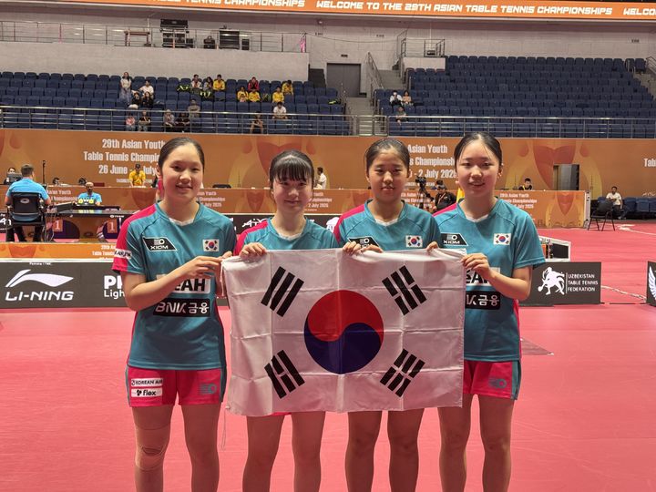 [서울=뉴시스] 한국 여자 카데트(U-15) 탁구대표팀, 제29회 아시아청소년선수권 단체전 우승. (사진=대한탁구협회 제공) *재판매 및 DB 금지