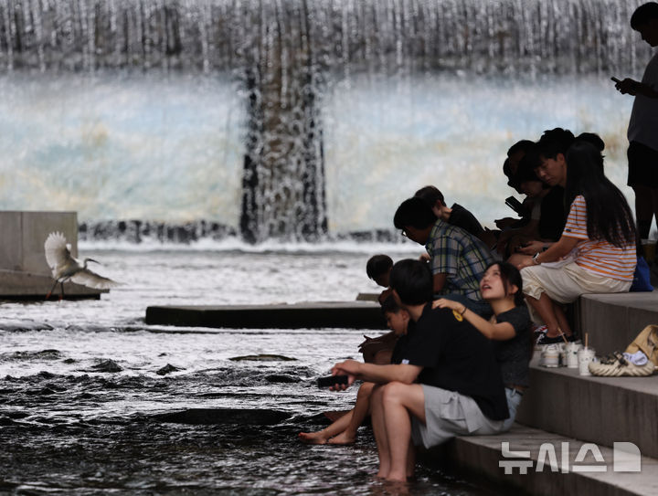 [서울=뉴시스] 김명원 기자 = 서울지역 낮 최고기온이 30도까지 올라 후텁지근한 나씨를 보인 29일 서울 종로구 청계천에서 가족들과 어린이들이 더위를 식히고 있다. 2025.06.29. kmx1105@newsis.com