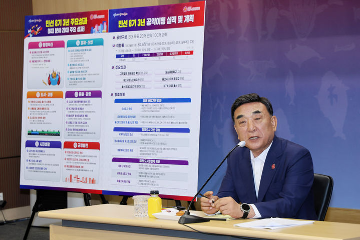 [울산=뉴시스] 울산시는 30일 시청 본관 3층 프레스센터에서 김두겸 시장이 참석한 가운데 기자간담회를 열고, 지방자치 30주년과 민선 8기 3주년을 맞아 주요 시정성과를 발표했다. (사진= 울산시 제공) 2025.06.30.photo@newsis.com *재판매 및 DB 금지