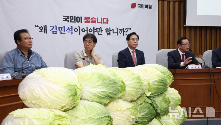 [서울=뉴시스] 김금보 기자 = 30일 오전 서울 여의도 국회에서 열린 김민석 국무총리 후보자 국민청문회장에 배추가 놓여있다. 2025.06.30. kgb@newsis.com