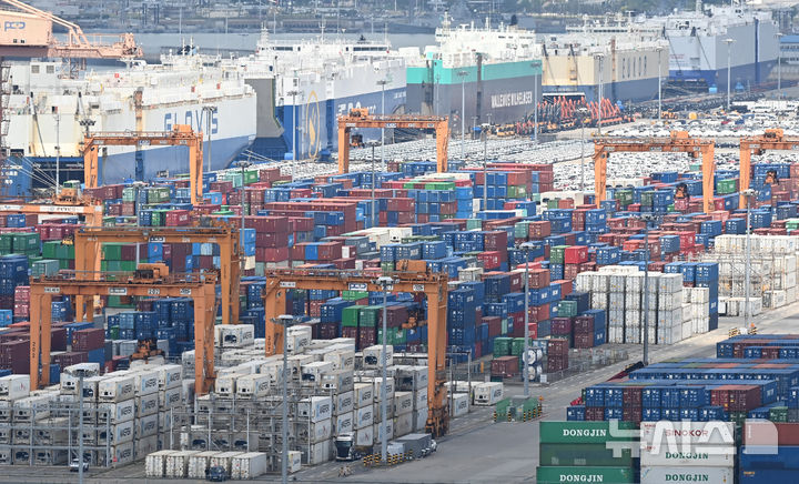 [평택=뉴시스] 김종택 기자 = 도널드 트럼프 미국 대통령이 다음 달 8일 종료되는 상호관세 유예 기간을 연장하지 않겠다고 29일(현지시간) 밝혔다. 트럼프 대통령은 관세 협상의 대상이 되는 모든 국가에 10~50%의 관세를 부과하는 내용의 서한을 보낼 예정이라고도 덧붙였다. 사진은 30일 경기 평택시 포승읍 평택항에 컨테이너가 쌓여있는 모습. 2025.06.30. jtk@newsis.com