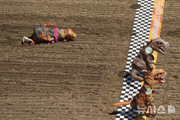 <font style="vertical-align: inherit;"><font style="vertical-align: inherit;"></font></font><font style="vertical-align: inherit;"><font style="vertical-align: inherit;">[오번=AP/뉴시스] 지난달 29일(현지 시간) 미국 워싱턴주 오번의 경마장 에메랄드 다운스에서 열린 '티렉스 세계 챔피언십 레이스' 예선전에서 한 참가자가 결승선을 눈 앞에 두고 넘어져 있다. 2025.07.01.</font></font>