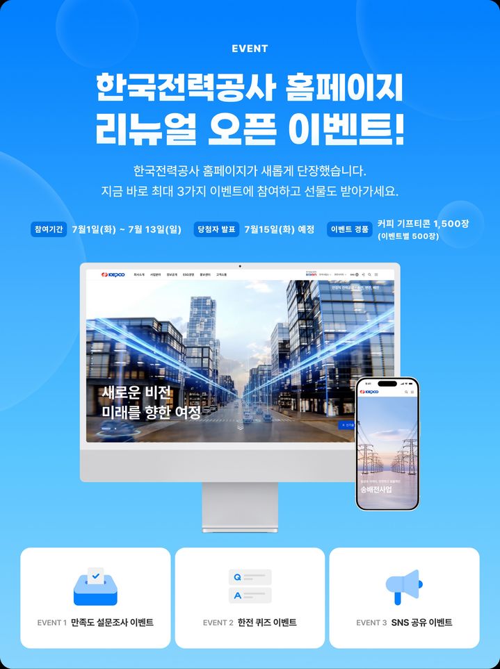 [세종=뉴시스]한국전력이 고객 중심의 디지털 서비스 강화를 위해 홈페이지를 전면 개편하고 새롭게 오픈했다고 1일 밝혔다. 사진은 홈페이지 오픈 이벤트 이미지다.(사진=한전 제공) *재판매 및 DB 금지