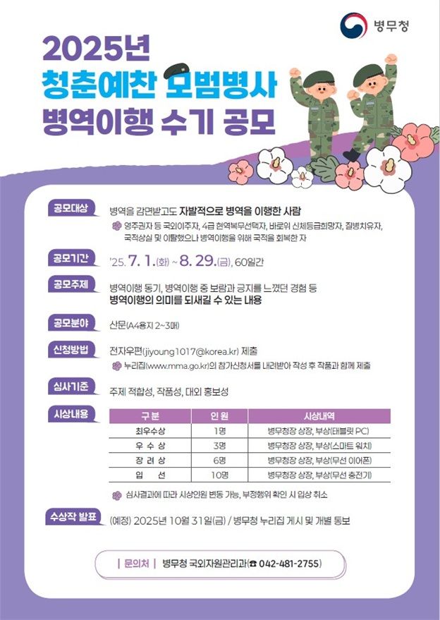 병무청, 모범병사 병역이행 수기 공모전 개최