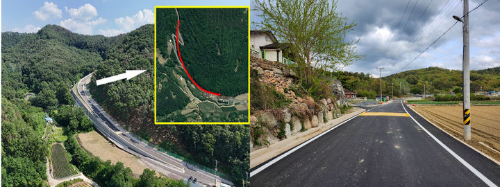 [창녕=뉴시스] 사진 왼쪽부터 십이리지구 도로선형개선(군도19호) 사업추진 전후, 매탄마을 진입로 확포장(농205호) 사업추진 완료 후. (사진= 창녕군 제공) 2025.07.01. photo@newsis.com *재판매 및 DB 금지