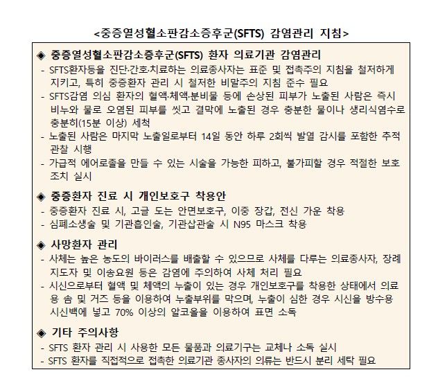 [서울=뉴시스] SFTS 감염관리 지침 (자료=질병관리청 제공) *재판매 및 DB 금지
