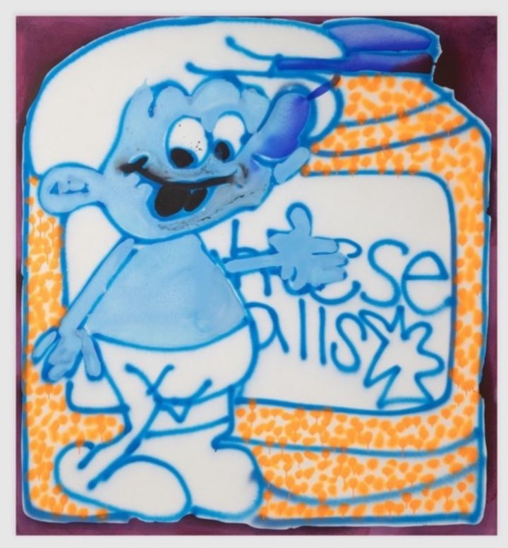 캐서린 번하드, Katherine Bernhardt Smurf and Cheese Balls, 2020 acrylic and spray paint on canvas 198.1x182.9cm *재판매 및 DB 금지