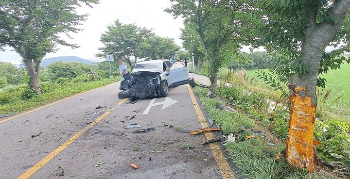 [광주=뉴시스] 2일 오전 7시께 광주 서구 벽진동 뚝방길 편도 2차선 도로에서 50대 남성 A씨가 술에 취해 스포츠유틸리티차량(SUV)을 몰다 가로수를 들이 받았다. (사진=독자 제공) 2025.07.02. photo@newsis.com *재판매 및 DB 금지