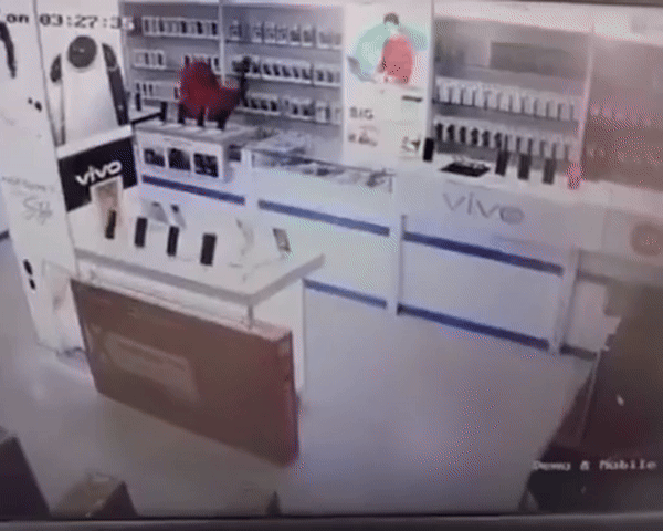 [뉴시스] 인도 하이데라바드에서 도둑이 매장 벽에 구멍을 뚫고 침입해 휴대폰을 훔쳐 달아나 충격을 주고 있다. (사진=Free Press Journal) 2025.06.30 *재판매 및 DB 금지