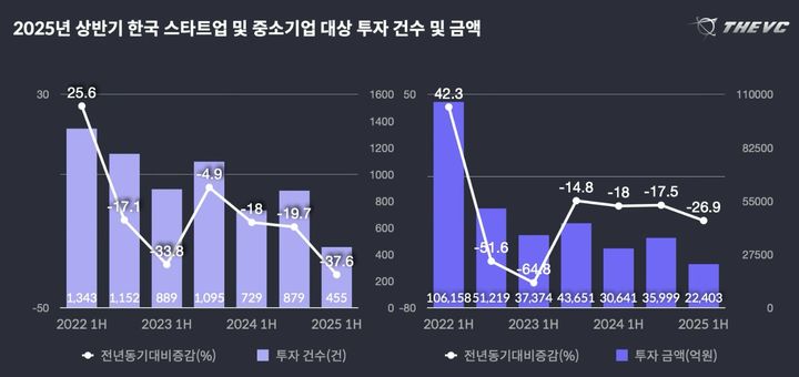 [서울=뉴시스] 더브이씨가 발표한 2025년 상반기 한국 스타트업 및 중소기업 대상 투자 건수 및 금액 그래프. (사진= 더브이씨 홈페이지 캡쳐) *재판매 및 DB 금지
