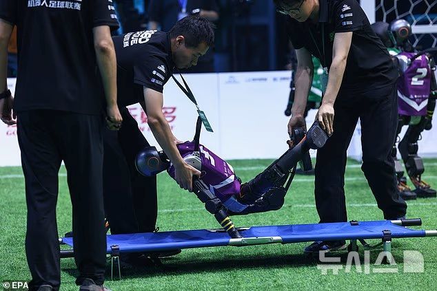 [뉴시스] 중국에서 열린 첫 3대3 로봇 축구 경기에서 충돌과 넘어짐이 반복되며 로봇 기술의 한계를 드러냈다. (사진=데일리 메일) 2025.07.01 