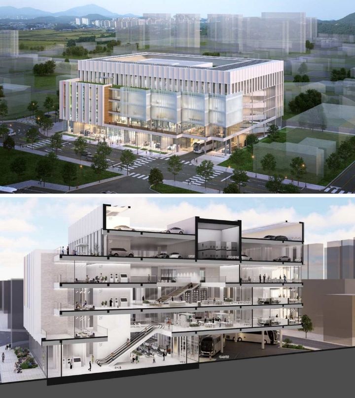 [고창=뉴시스] 2일 고창군이 공개한 '터미널 도시재생 국가혁신지구사업' 건축설계 공모 당선작, 위 사진은 건축물 조감도이며 아래 사진은 건축물 투시도. *재판매 및 DB 금지