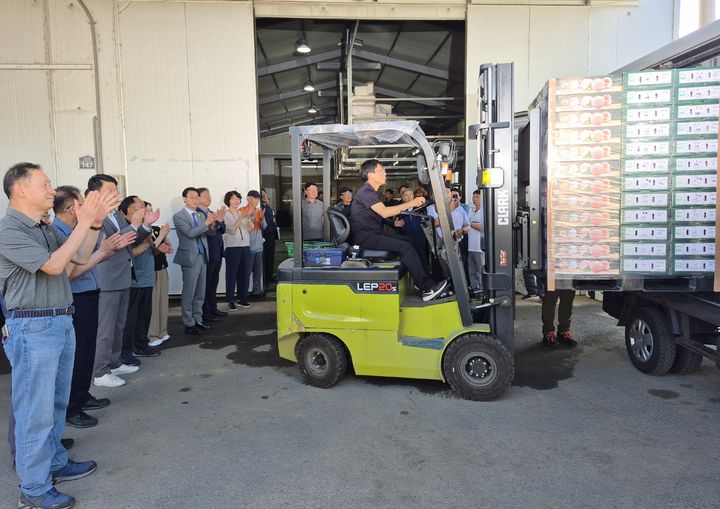 [안동=뉴시스] 지난달 30일 청도복숭아의 인도네시아 수출 선적이 이뤄지고 있다. (사진=경북도 제공) 2025.07.02. photo@newsis.com *재판매 및 DB 금지
