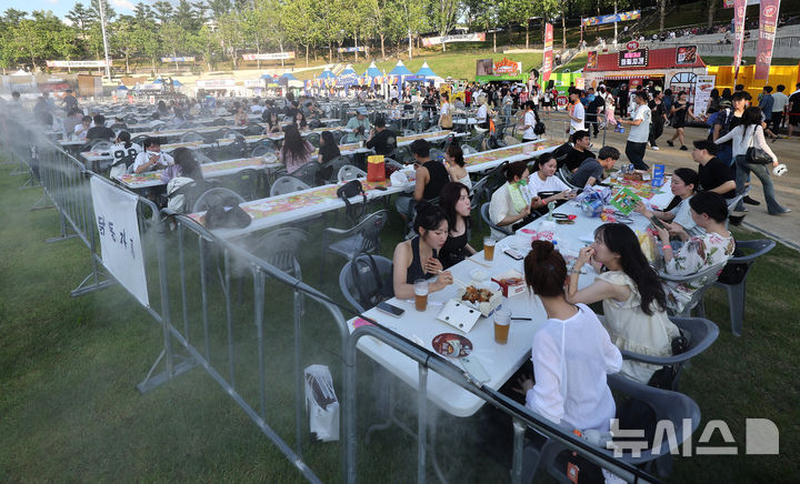 [대구=뉴시스] 이무열 기자 = 2일 대구 달서구 두류공원 2.28 자유광장에서 열린 ‘2025 대구 치맥 페스티벌’을 찾은 시민들이 시원한 맥주와 치킨을 먹으며 축제를 즐기고 있다. 2025.07.02. lmy@newsis.com