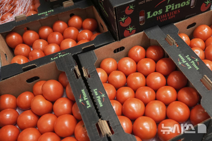 [샌프란시스코=AP/뉴시스] 미국 샌프란시스코 마린 푸드뱅크 창고에 놓여진 토마토 상자들의 모습. 2025.07.02 