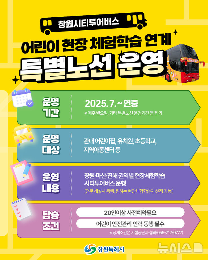 [창원=뉴시스] 강경국 기자 = 경남 창원시 시티투어버스 어린이 현장체험학습 연계 특별노선 운영 안내 카드뉴스. (사진=창원시청 제공). 2025.07.03. photo@newsis.com *재판매 및 DB 금지