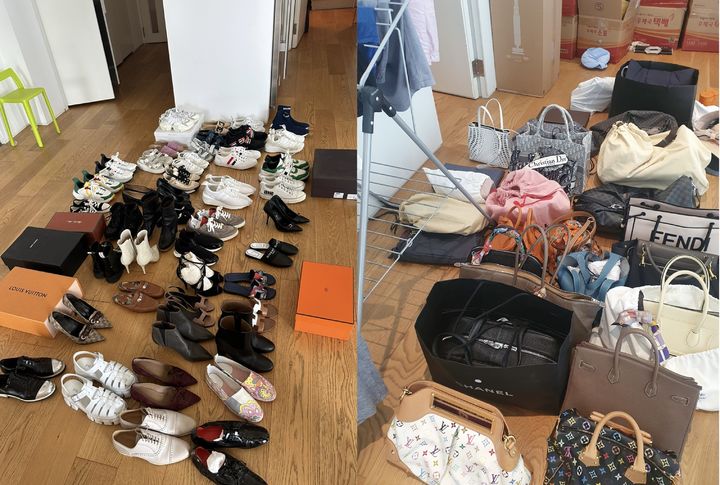 [서울=뉴시스] 전 경남은행 임원 A씨가 횡령자금으로 구매한 명품 가방과 신발들. (사진=서울중앙지검 제공) *재판매 및 DB 금지