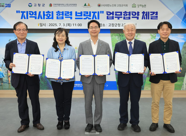 [고창=뉴시스] 3일 고창군청에서 열린 고창군, 고창교육지원청, 서울시니어스타워(윌파크시티), 대한노인회 고창군지회, 상하농원의 '지역사회 협력 브릿지 업무협약', 왼쪽부터 대한노인회 이공진 지회장, 한숙경 고창교육장, 심덕섭 고창군수, 서울시니어스타워 강윤석 부사장, 상하농원 민성환 운영총괄이사가 협약서에 서명 후 함께 사진을 찍고 있다. *재판매 및 DB 금지