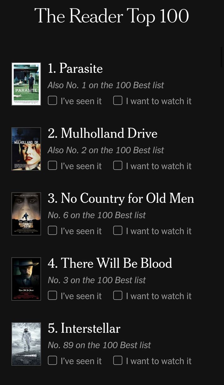 [서울=뉴시스] NYT 독자들이 뽑은 21세기 최고의 영화. (사진 = 뉴욕타임스 앱 캡처) 2025.07.03. photo@newsis.com *재판매 및 DB 금지