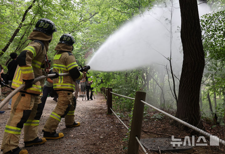 [서울=뉴시스] 권창회 기자 = 3일 서울 노원구 삼육대학교 인근 제명호에서 서울소방 관계자들이 '러브버그(붉은등우단털파리)' 방제작업을 하고 있다. 2025.07.03. kch0523@newsis.com