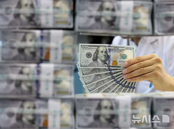 [서울=뉴시스] 김진아 기자 = 우리나라의 6월 외환보유액이 석 달만에 반등해 5개월 만에 4100억 달러 위로 올라왔다. 한국은행이 3일 발표한 '2025년 6월 말 외환보유액'에 따르면 지난달 말 기준 외환보유액은 4102억 달러로 전월말 4046억 달러보다 56억1000만 달러 증가했다. 석 달만에 반등으로 상승폭은 2023년 1월 기록한 68억1000만 달러 이후 최대 폭이다. 3일 오후 서울 중구 하나은행 위변조대응센터에서 관계자가 달러를 정리하고 있다. 2025.07.03. bluesoda@newsis.com