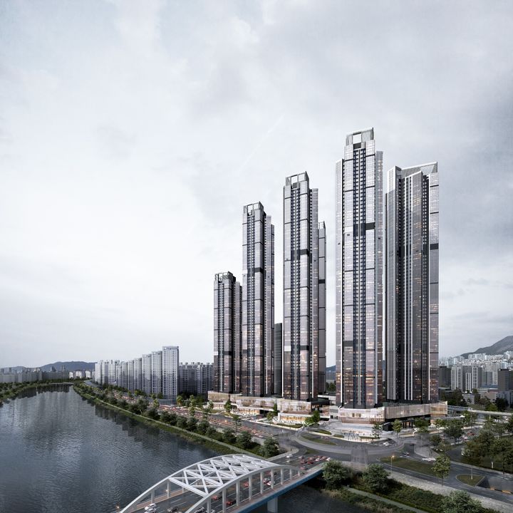 [부산=뉴시스] 롯데건설이 센텀에 분양할 '르엘 리버파크 센텀'의 정면 투시도(사진=롯데건설 제공) 2025.07.04. photo@newsis.com *재판매 및 DB 금지