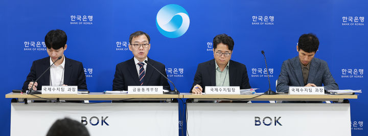4일 오전 서울 중구 한국은행에서 개최된 '2025년 5월 국제수지(잠정) 기자설명회' 왼쪽부터 김준영 국제수지팀 과장, 송재창 금융통계부장, 김성준 국제수지팀장, 권수한 국제수지팀 과장 *재판매 및 DB 금지