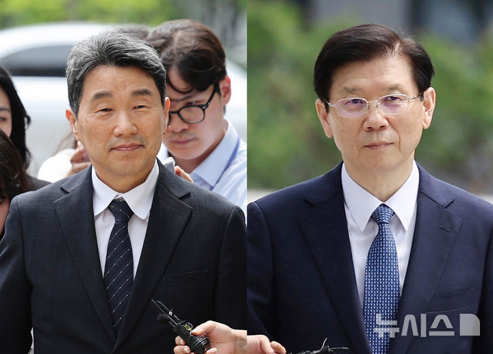 [서울=뉴시스] 김진아 기자 = 이주호(왼쪽) 교육부 장관과 박종준 전 경호처장이 12·3 비상계엄 관련 내란 혐의를 수사 중인 특검에 조사를 받기 위해 4일 오후 서울 서초구 서울고등검찰청으로 출석하고 있다. 2025.07.04. bluesoda@newsis.com