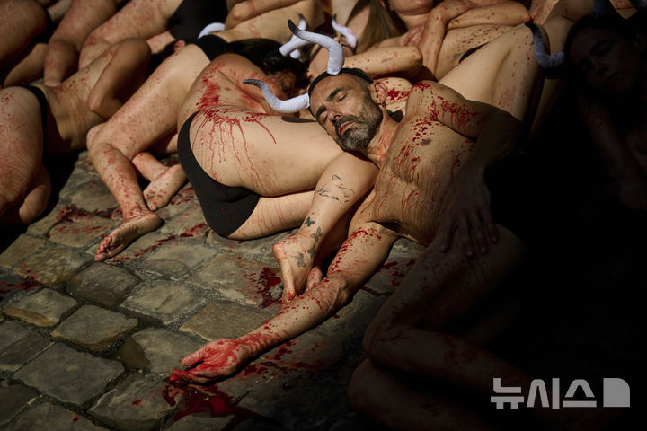 [팜플로나=AP/뉴시스] 스페인 북부 팜플로나에서 열리는 산 페르민 축제를 앞두고 동물권 활동가들이 온몸에 피를 칠한 채 시위에 참여하고 있다. 2025.07.05.