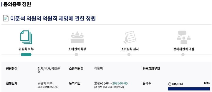 [서울=뉴시스] 이준석 개혁신당 의원의 의원직 제명을 요구하는 국회 국민동의청원.(사진=국회전자청원 누리집 갈무리) *재판매 및 DB 금지