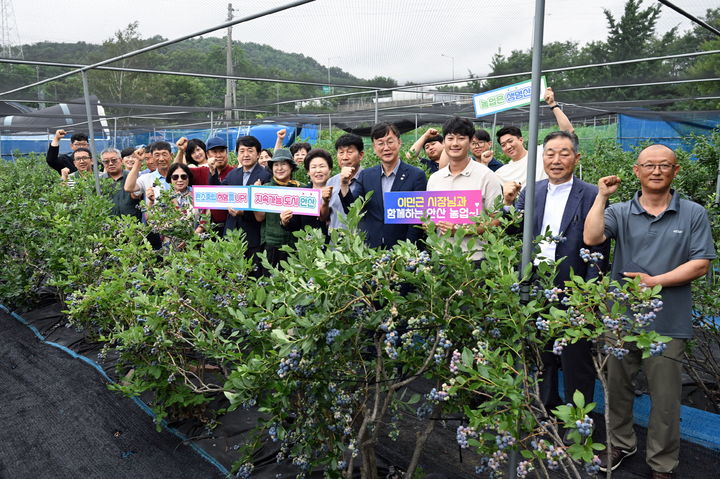 [안산=뉴시스] 이민근 안산시장(사진 오른쪽 네번째)이 선부동에 소재한 ‘안산블루베리농장’에서 5개 농업인단체 임원들과 함께 농정 발전 간담회를 개최하고 함께 기념촬영을 하고 있다.(사진=안산시 제공)2025.07.07.photo@newsis.com *재판매 및 DB 금지