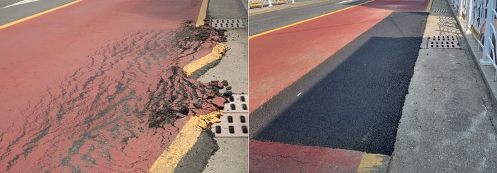 [울산=뉴시스] 박수지 기자 = 7일 오전 울산 북구 농소초등학교 인근 도로가 폭염 등 이유로 훼손(왼)된 뒤 복구된 모습. (사진=독자제공) 2025.07.07. photo@newsis.com *재판매 및 DB 금지