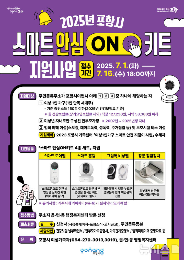 [포항=뉴시스] 송종욱 기자 = 포항시가 여성 1인·한 부모 가정에 주거 침입과 스토킹 범죄 예방 위한 스마트 안심ON키트를 지원한다. 사진은 스마트 안심ON키트 홍보 이미지. (사진=포항시 제공) 2025.07.07. photo@newsis.com