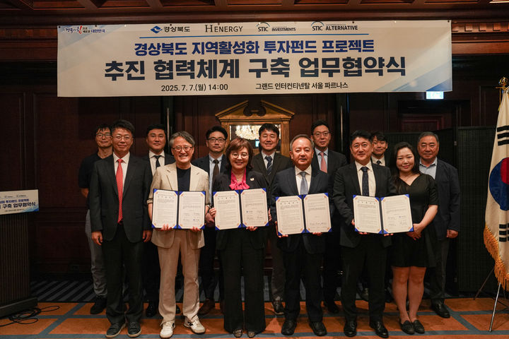 [안동=뉴시스] 7일 서울 파르나스 호텔에서 '지역활성화 투자펀드 프로젝트 추진 협력체계 구축 업무협약'이 체결되고 있다. (사진=경북도 제공) 2025.07.07 photo@newsis.com *재판매 및 DB 금지