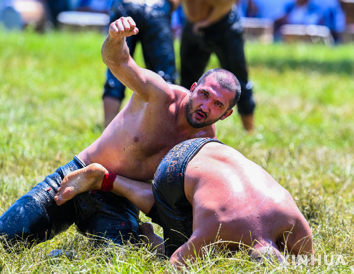 [에디르네=신화/뉴시스] 5일(현지 시간) 튀르키예 에디르네에서 열린 제664회 오일 레슬링 대회에서 참가자들이 경쟁하고 있다.대회에 참가한 참가자들은 상의를 벗고 가죽바지만 착용한 채 온몸에 올리브 오일을 발라야 한다. 상대의 등이 바닥에 닿으면 승리한다. 2025.07.07.