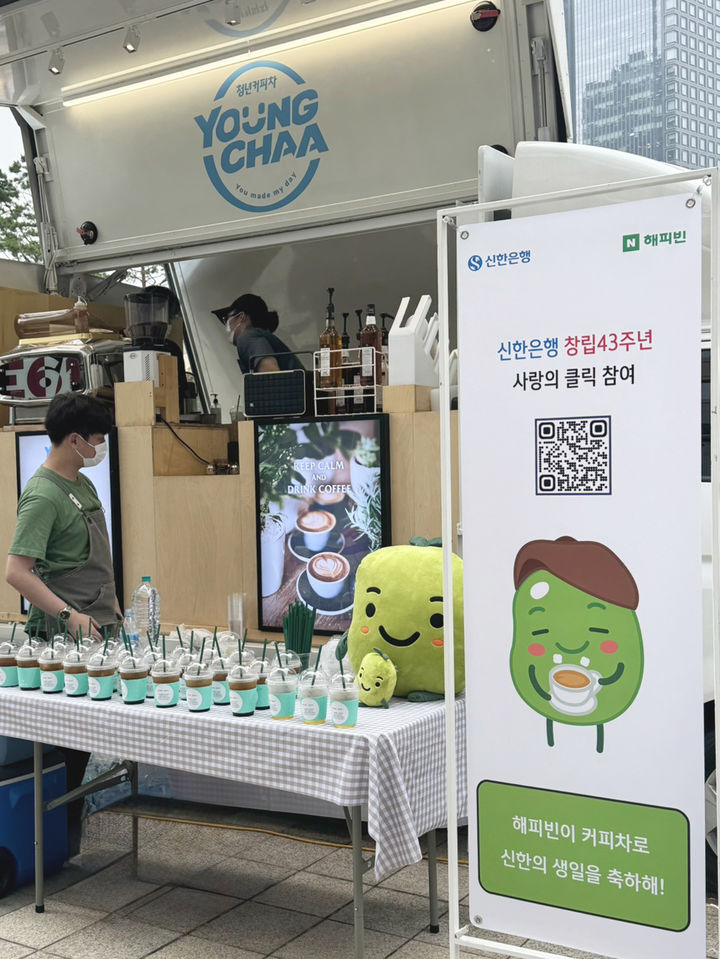[서울=뉴시스] 네이버 해피빈이 기업 파트너사의 임직원 기부자 예우를 위한 커피차 지원에 나선다고 8일 밝혔다. 사진은 전날 서울 중구 신한은행 본점에서 신한은행 창립 43주년을 맞아 지원한 커피차 (사진=네이버 해피빈 제공) *재판매 및 DB 금지
