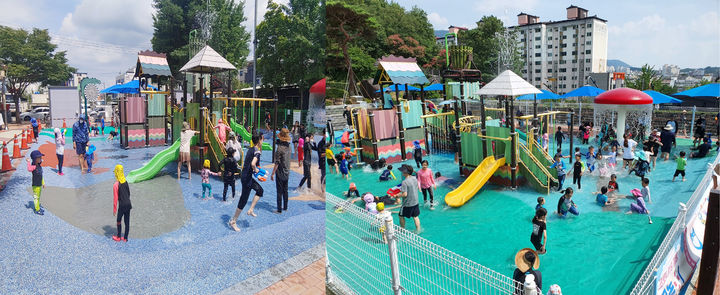 [창녕=뉴시스] 사진 왼쪽부터 남지읍 홍포공원 내 어린이 물놀이장, 창녕읍 문화공원 내 어린이 물놀이장 (사진=창녕군 제공) 2025.07.08. photo@newsis.com *재판매 및 DB 금지