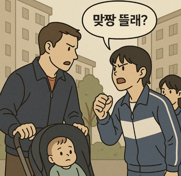 [서울=뉴시스] 생후 8개월 된 자녀와 산책 중이던 한 남성이 아파트 단지 내에서 흡연하던 중학생을 훈계하자 폭언과 폭력을 당했다는 사연이 누리꾼들의 공분을 사고 있다. (사진=Chat GPT 생성) 2025.07.08 *재판매 및 DB 금지