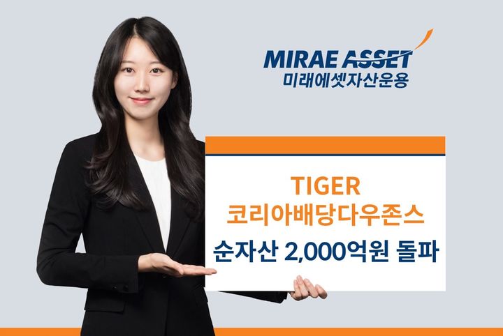 [서울=뉴시스] 이지민 기자 = 미래에셋자산운용은 TIGER 코리아배당다우존스 상장지수펀드(ETF)의 순자산이 2000억원을 돌파했다고 8일 밝혔다. (사진=미래에셋자산운용 제공) 2025.07.08. photo@newsis.com *재판매 및 DB 금지