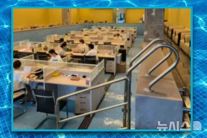 [뉴시스] 중국 인테리어 업체가 물 뺀 수영장을 임시 사무실로 사용하다 안전 문제 지적에 철수했다. (사진=SCMP) 2025.07.08