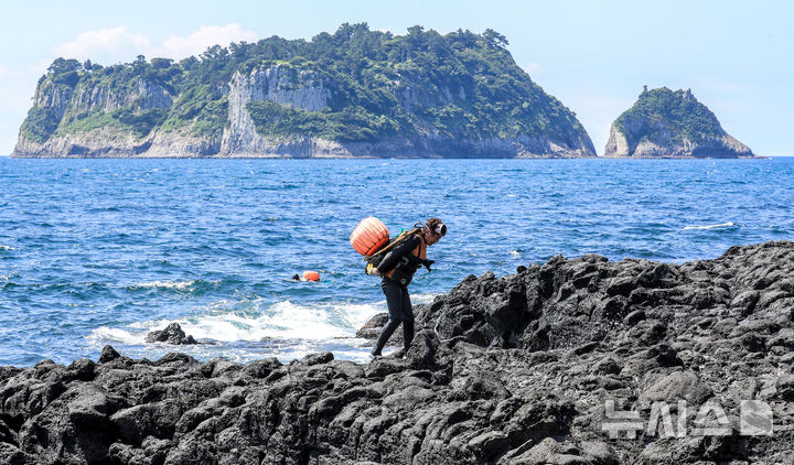 [서귀포=뉴시스] 우장호 기자 = 폭염의 기세가 수그러들지 않는 8일 오전 제주 서귀포시 법환동 범섬 앞바다에서 물질을 마친 해녀가 테왁을 챙겨 뭍으로 나오고 있다. 2025.07.08. woo1223@newsis.com