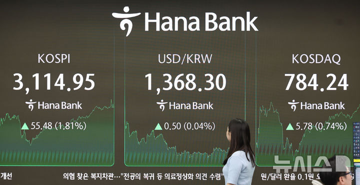 [서울=뉴시스] 권창회 기자 = 8일 오후 서울 중구 하나은행 딜링룸에서 딜러들이 업무를 보고 있다. 2025.07.08. kch0523@newsis.com