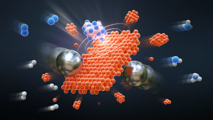 [울산=뉴시스] 쇠구슬 충돌에 의해 철 촉매 표면에서 질소와 수소가 반응해 암모니아가 생성되는 과정을 나타내는 연구그림. (사진=UNIST 제공) photo@newsis.com *재판매 및 DB 금지