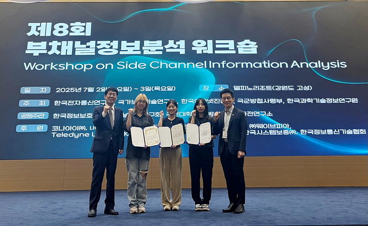 '부채널정보분석 경진대회'에서 수상한 성신여대 융합보안공학과·미래융합기술공학과 이일구 교수와 참여 학생들이 기념사진을 촬영하고 있다. (사진=성신여대 제공) *재판매 및 DB 금지